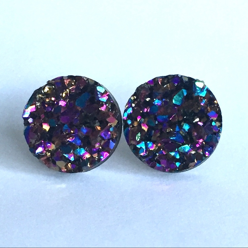 Druzy Large Iridescent Purple Round Stud Earrings